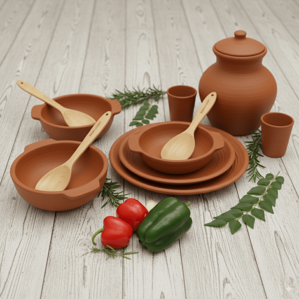 Handmade Clay Serving Set – 4 Bowls, 4 Plates, 1 Jug & 4 Glasses From ...