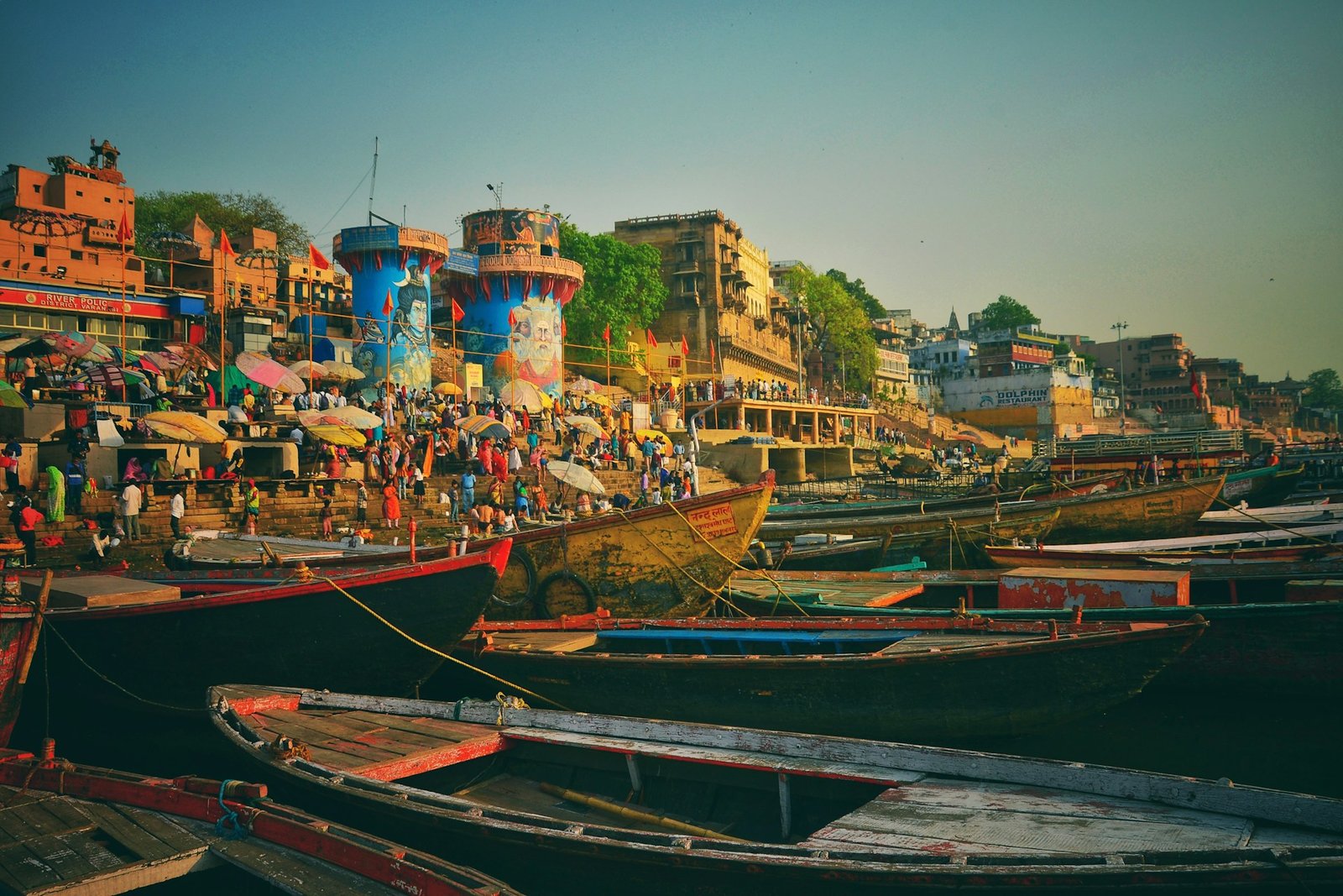 Varanasi Ghats along the River Ganga showing the ancient spiritual city of Kashi